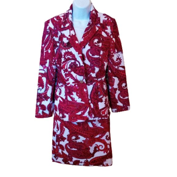 VINTAGE Red Floral Skirt Blazer Set Size 4 - Picture 6 of 8